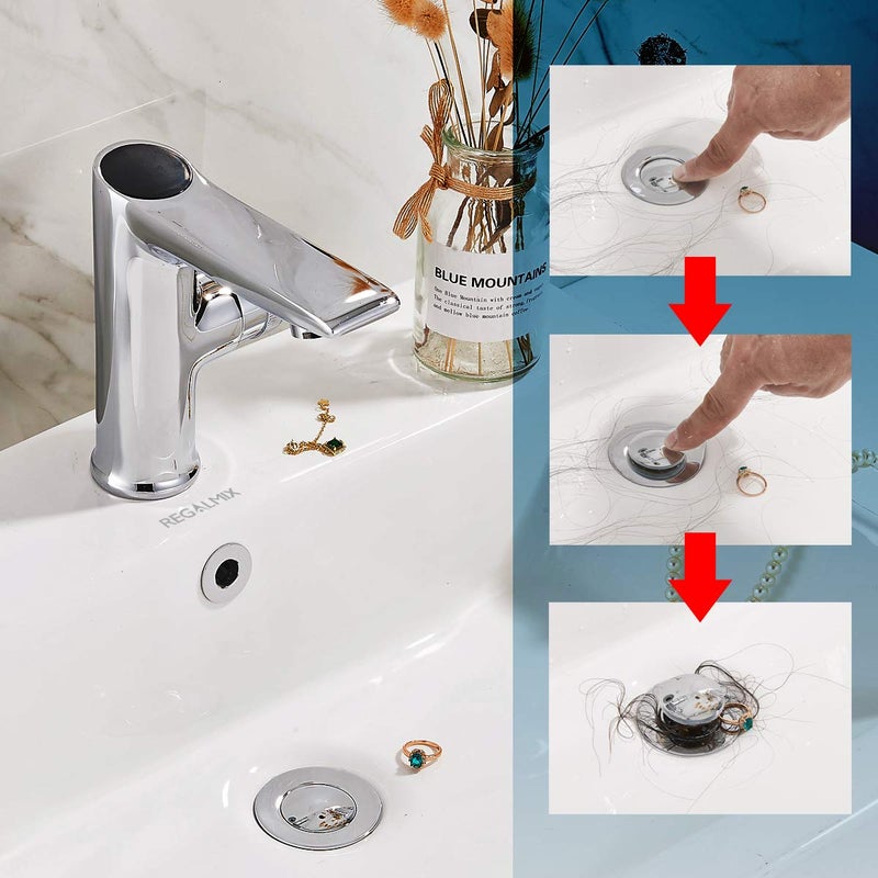 REGALMIX Pop Up Drain Stopper, Built-in Anti-Clogging Strainer, Polished Chrome, Fits Standard American Drain Hole (1-1/2" to 1-3/4") - Image 3